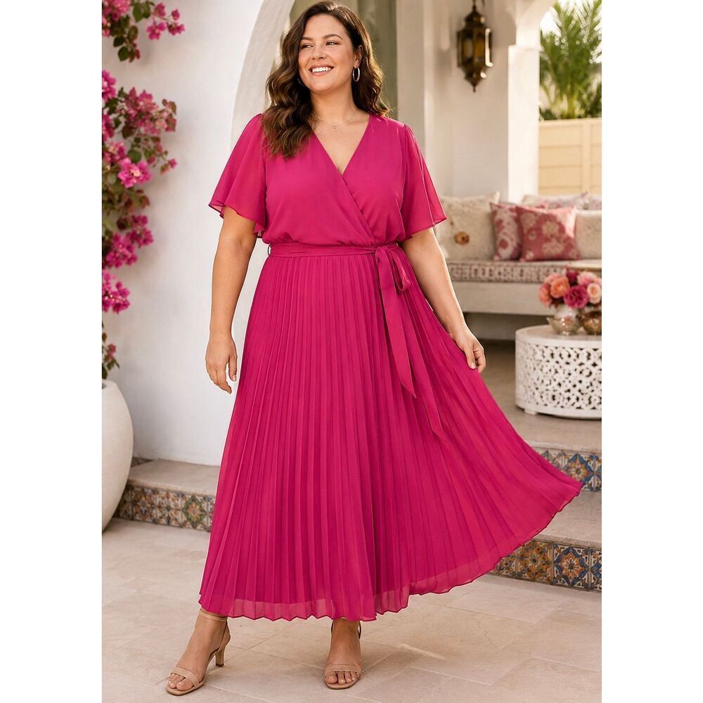 NWT Lane Bryant Pleated Skirt Faux-Wrap Maxi Dress Women’s 20 Fuschia